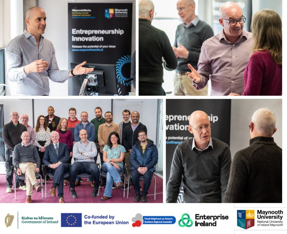 4 picture panel - 3 pictures of people in conversations and the fourth is a group shot of some of the people who attended the Commercialisation Fund Roadshow