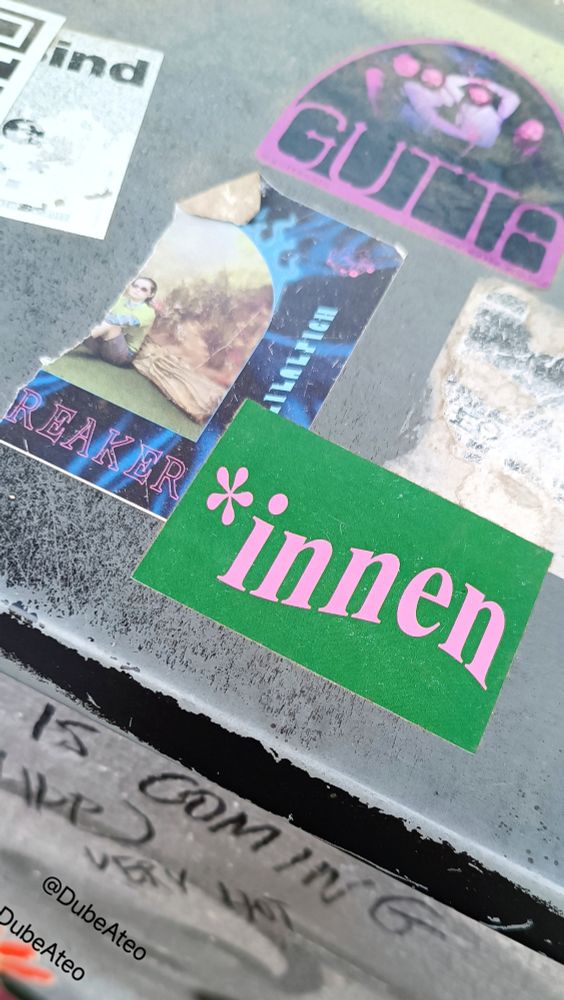 Ein grüner, rechteckiger Aufkleber mit rosa Schrift. Es ist ein Gerndersternchen mit der Endung innen aufgedruckt 