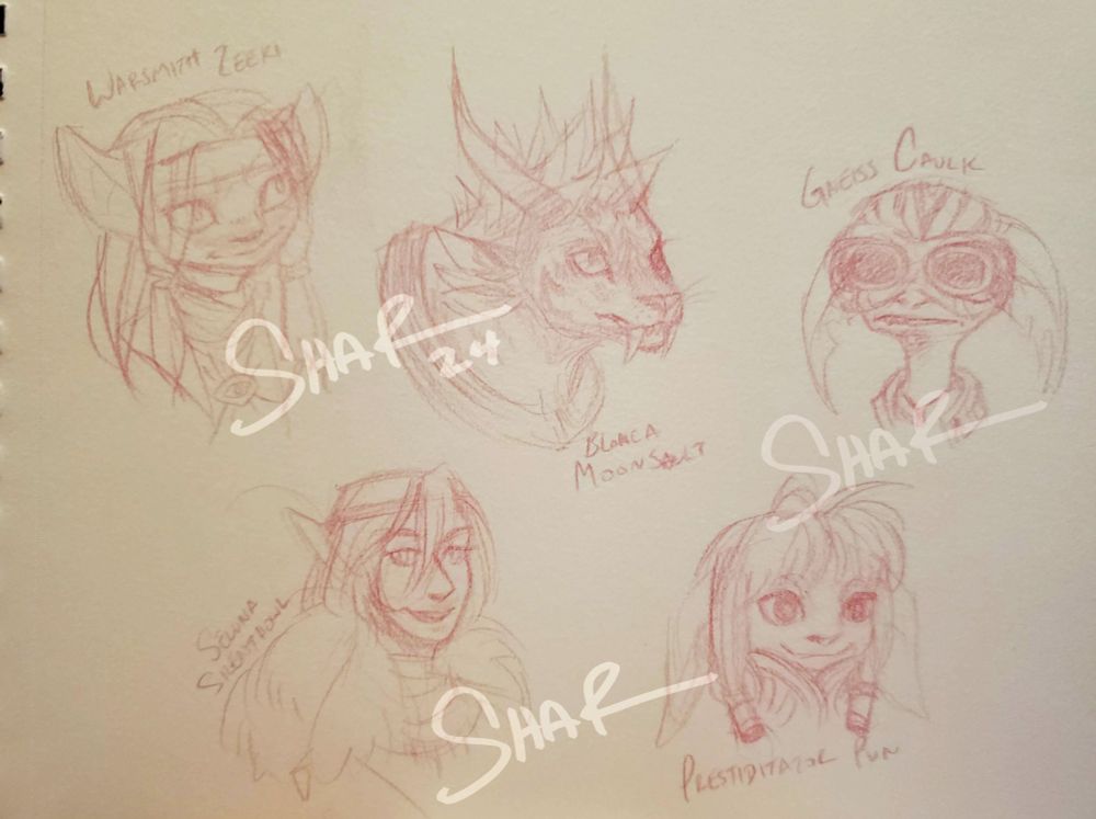 five doodles of gw2 characters. Top left is Warsmith Zeeki, an asura with their tiny ears pointing upwards and big eyes soft smile. Top middle is Blanca Moonsault, a charr with some stripe patterns and very spiky hair and big fangs. Top right is Gneiss Caulk, a bald asura with stripes, torn ears, and big goofy goggles. Bottom left is Seluna Silenthowl, a norn (i think) with elf ears, very large irises and a biiiig smile. Bottom right is Prestidigitator Pun, an asura with big eyes and bigger ears.
