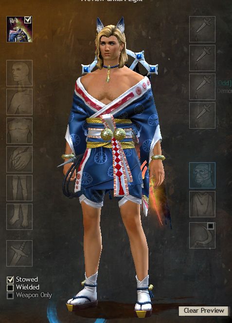 gw2 screenshot featuring the preview window. there is a masc human wearing the datamined silk outfit, which is off the shoulders and exposes the character's chest. there is a thick belt adorned with embroidery and knotwork. the outfit also has cat/fox ears and some bracelets and a choker.