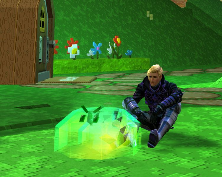 gw2 screenshot inside the SAB lobby. there is a yellow haired human sitting down, he is wearing all black and purple armor. there is a bright green ooze in front of him, with angry eyebrows on its cute little ooze face.