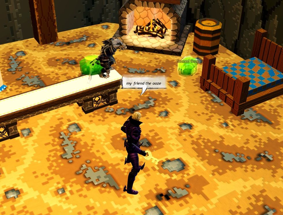 gw2 screenshot in a SAB shop. There is a blocky Stunned Ooze in the corner. In the center is a human with his back turned, facing the ooze and holding a key with a chat speech bubble above their head. It reads "my friend the ooze".

Almorra is there, standing on the shop's counter (and another ooze).