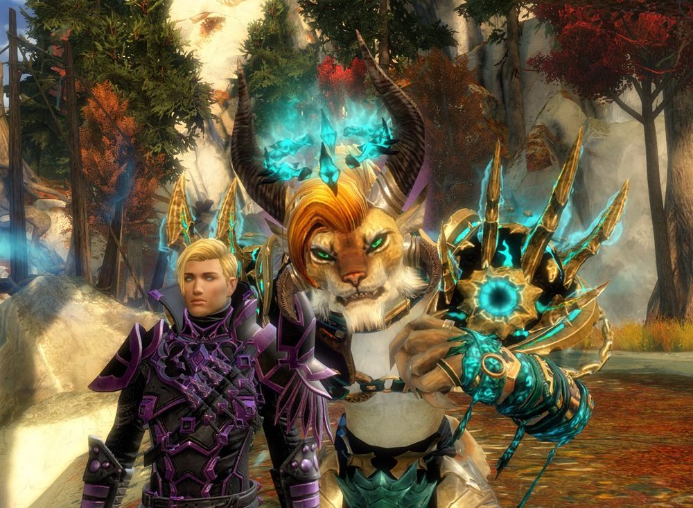 gw2 screenshot of a human and charr standing by each other, with the charr leaning over the human's shoulder.