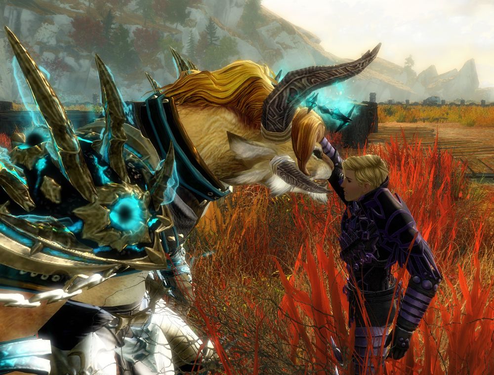 gw2 screenshot of a big orange charr getting pet by her human friend