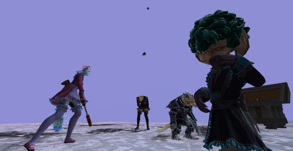 gw2 screenshot featuring three player characters and one large almorra minipet and the chest from the end of the SAB zone. On the left is a green sylvari with pinkish hair wearing a pink and white maid outfit and they are in the middle of swinging their weapon. In the middle is a human with yellow hair wearing a black and purple maid outfit and crying. On the right is an asura with teal hair wearing a black and teal maid outfit, they are also crying. Almorra mini is just hangin.