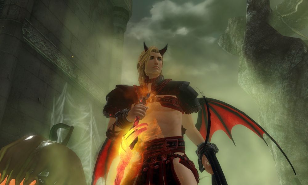 gw2 screenshot of a human dressed as a sexy demon. He has small red horns and wings, and is wielding a red hot dagger and a whip focus. he is surrounded by green fog and there is a spooky carved pumpkin behind him.