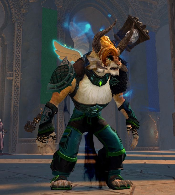 gw2 screenshot of an orange and cream colored charr with bright green eyes. there is a visual bug making her chest much larger than it is supposed to be.