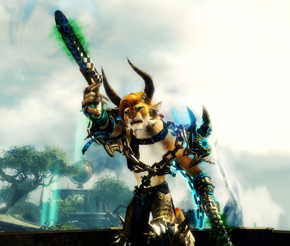 gw2 screenshot of an orange and cream colored charr wearing strappy armor and chains. she is standing upright and aiming to shoot one of her pistols. there is a green glow on both pistols.