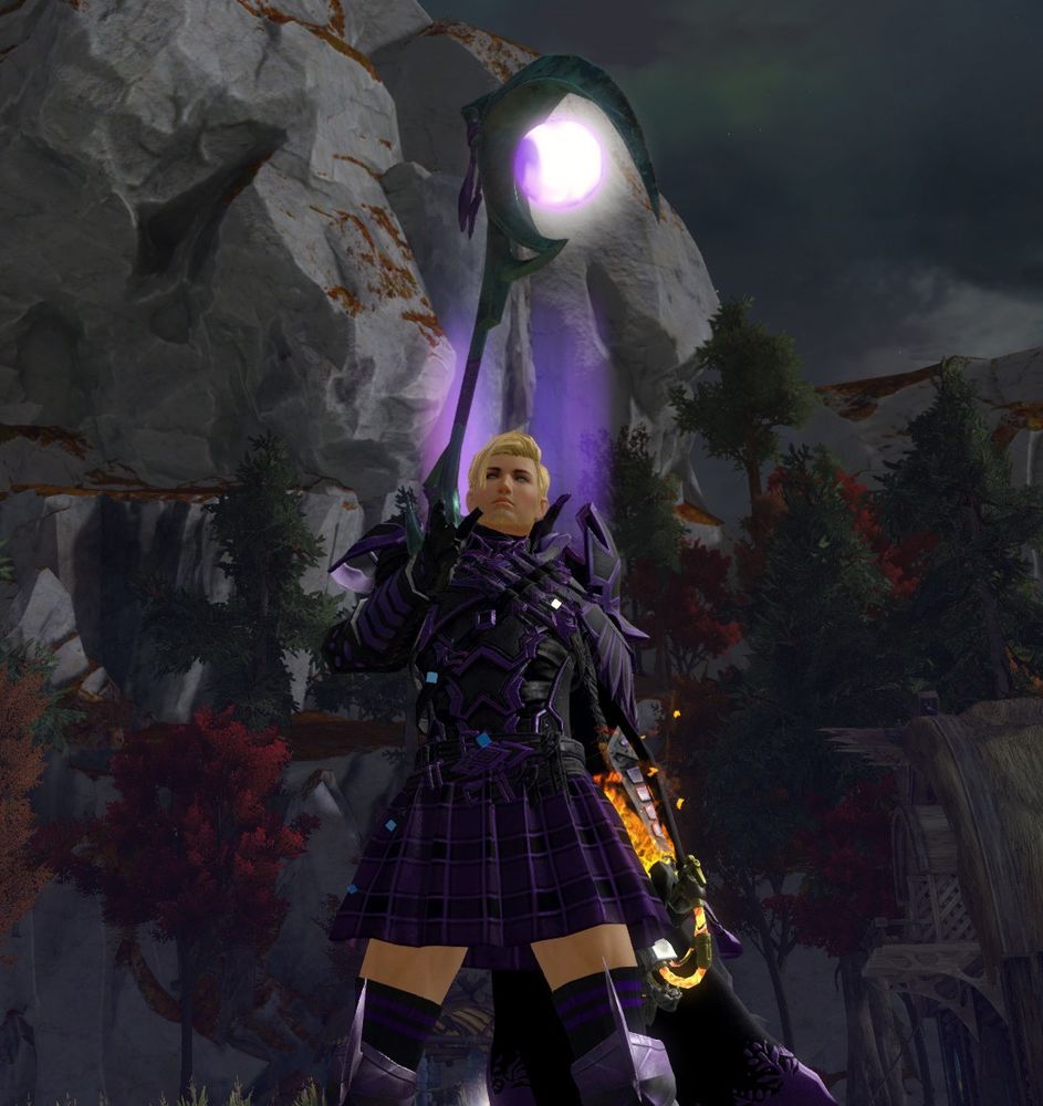 gw2 screenshot of a human with black and purple armor and matching plaid skirt combo. he is mid-tossing his scepter in the air.