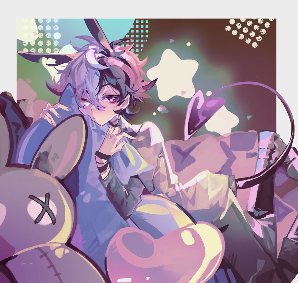 Art of my oc Nikk surrounded by pillows and a giant bunny plush looking sleepy