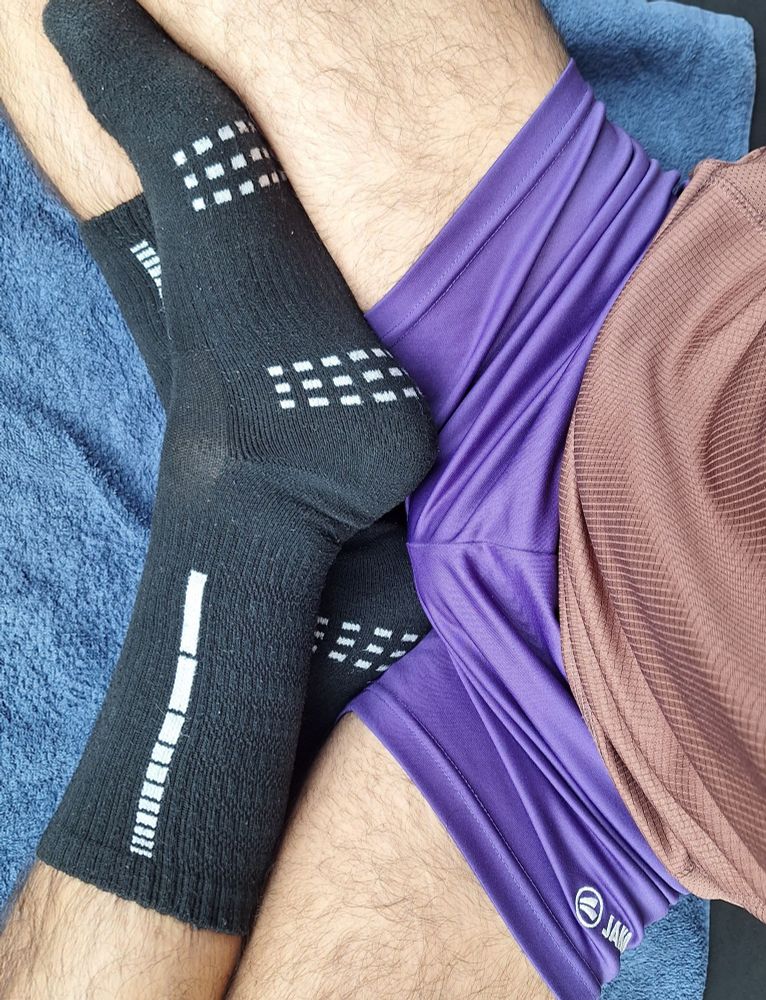 purple shorts gay gym workout sweat pig hairy legs long socks with short shorts brown shirt clean me up dom feet