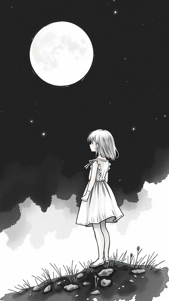 Illustration noir et blanc Une jeune fille debout regardant la lune ronde