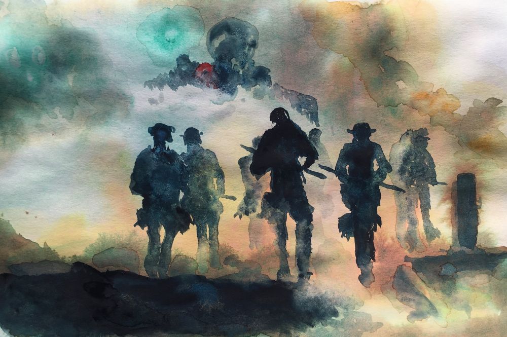The watercolor painting depicts a group of silhouetted figures walking against a dramatic, smoky sky, with a dark, ominous shape looming overhead. The style suggests a scene of conflict or aftermath, rendered with loose washes and expressive brushstrokes.