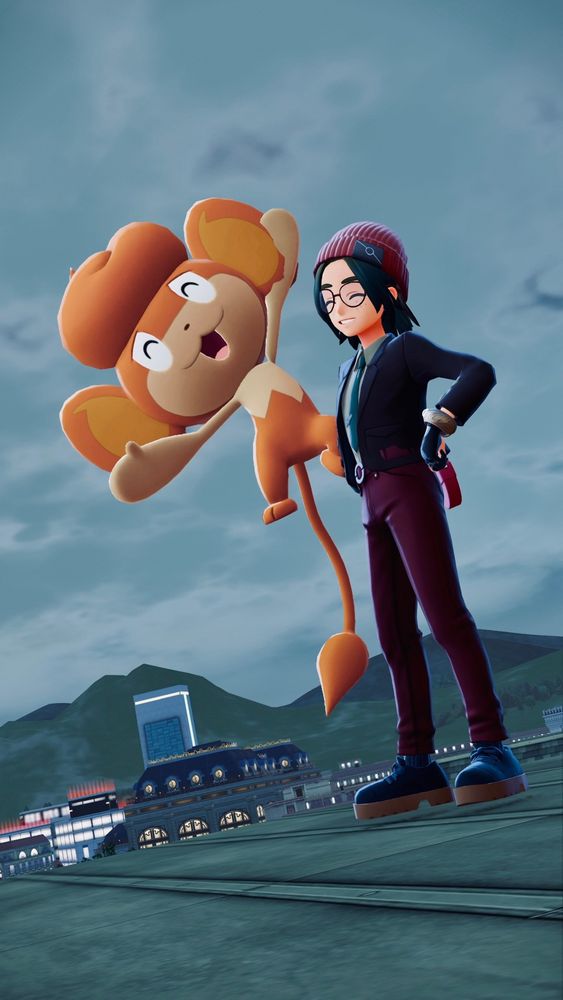My avatar in Pokemon Legends ZA on top of a roof with a orange monkey (the shiny Pokemon Pansear) jumping for joy.