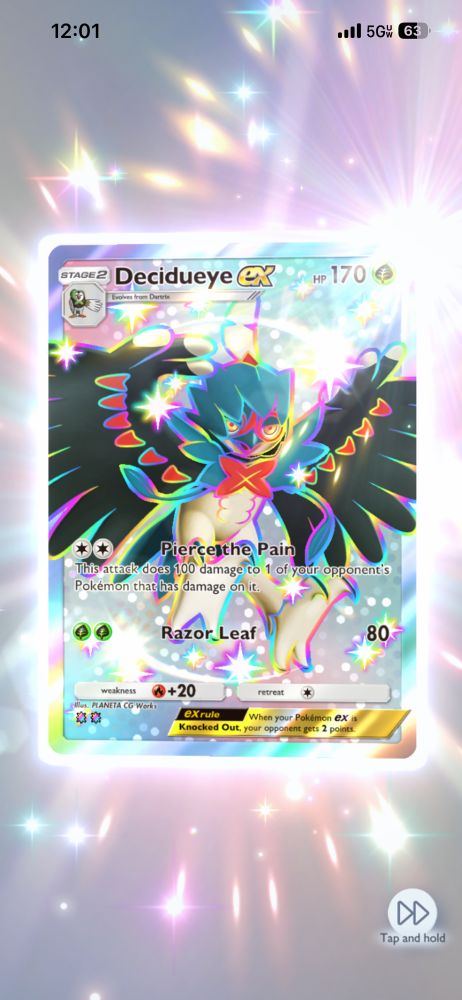 Screenshot of a shiny full art decidueye card from the game Pokemon TCG Pocket.