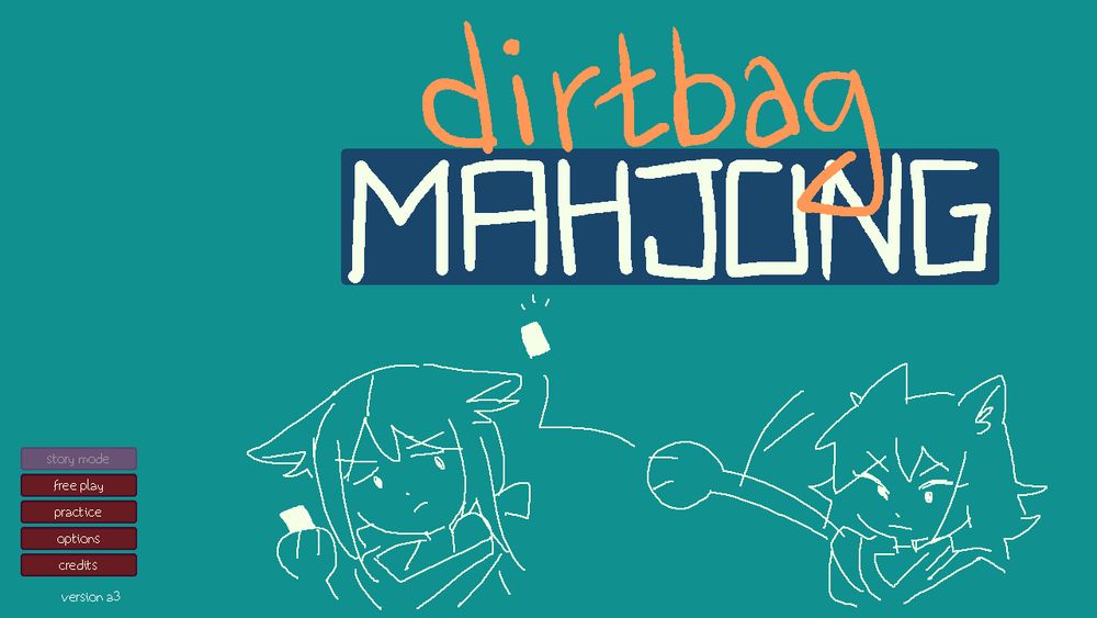 a screenshot of a title screen with "dirtbag mahjong" in fancy fonts. two characters are drawn throwing mahjong tiles at each other.