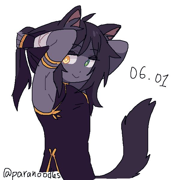 a pixelated drawing of a catboy tying their hair up. the palette is mostly monochrome and he's wearing a long qipao-like robe.