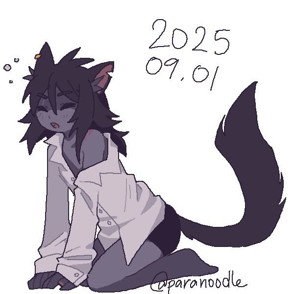 a drawing of a sleepy catboy sitting up and stretching