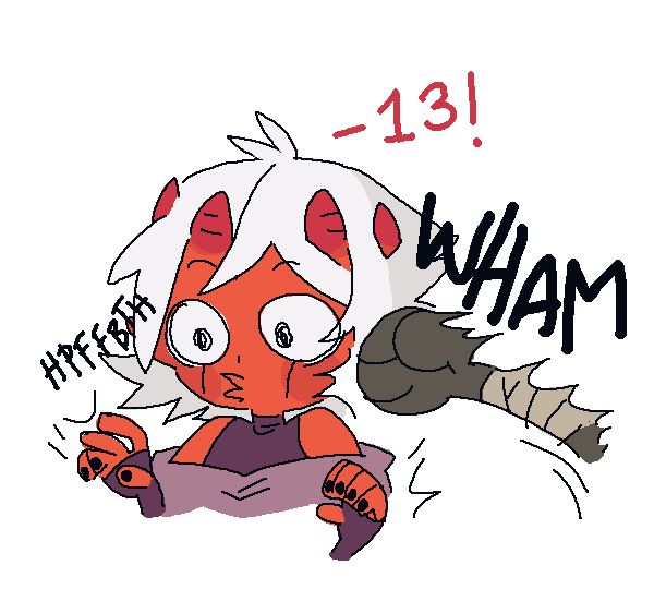 the same tiefling as in the previous image, being punched in the face and sputtering, with an indicator saying they took 13 damage.