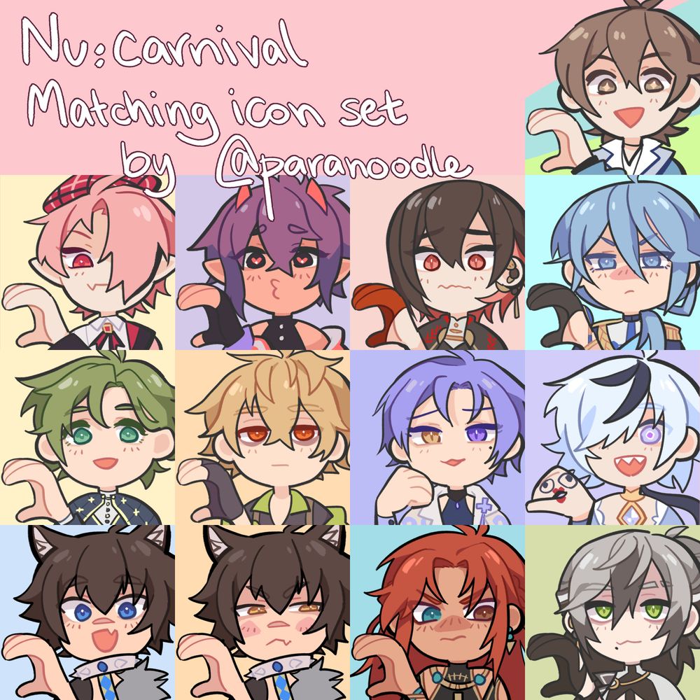 a grid of icons of nu carnival characters. there is text that reads "nu carnival matching icon set by @paranoodle"
