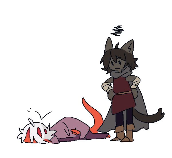 the tiefling is slumped over on the floor, while the catfolk who punched them looks down at them in dismay.