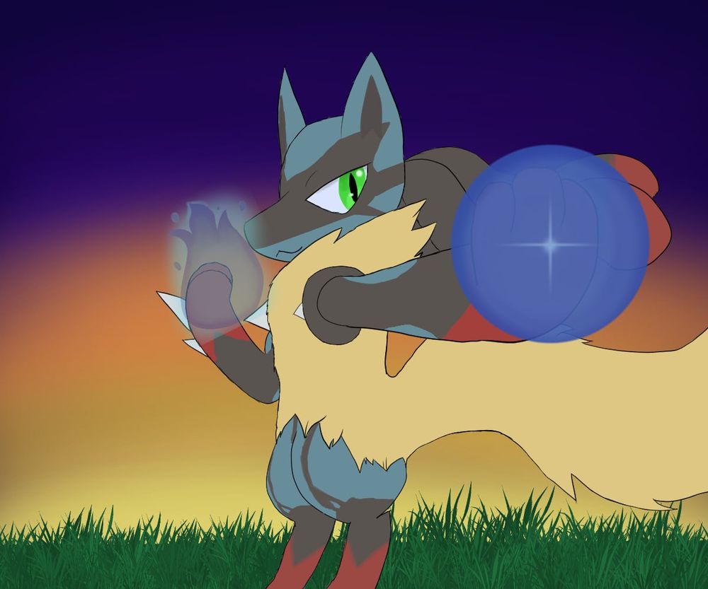 A Mega Lucario at sunset, wielding its aura and crafting an Aura Sphere towards the viewer