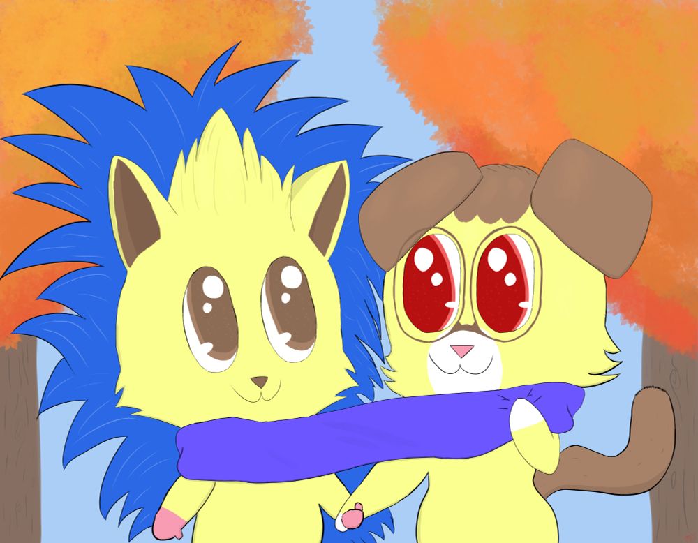 Brownie (left) and Alex (right) sharing a scarf and talking an autumn afternoon walk. 