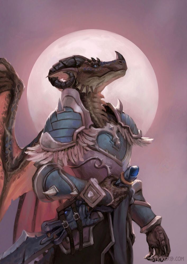 Illustration of an anthropomorphic dragon character (Dracthyr) from the game World of Warcraft. She's standing proud against the moon which frames her head. She's wearing a white armor with sky blue details.