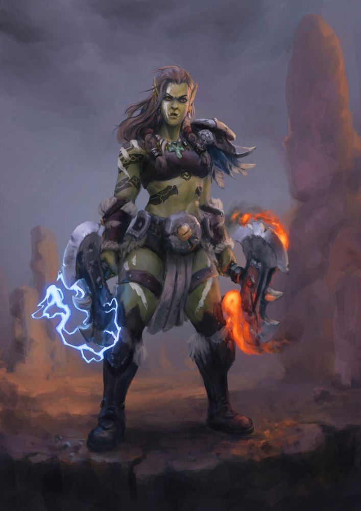 Orc character from World of Warcraft. Standing tall and strong on a desertic kind of area (Durotar) with an Axe in each hand, both imbued in shaman magic. The axe on her right hand is imbued in thunder and the other in fire. Her skin tone is pale green and has white war paint around her body and face.