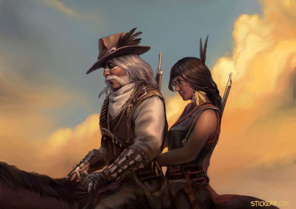 Two fictional native american characters from the game Red Dead Online riding a single horse on a sunset evening, they're presumably comanche. Both characters seem to be enjoying each other.