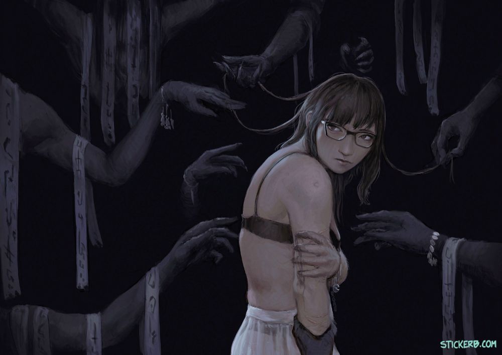 Illustration of a woman being haunted by ghostly hands coming out from the darkness.