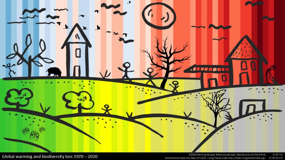 A cartoonish landscape with colours represented via global warming and biodiversity loss stripes, which low increasing temperatures and decreasing biodiversity.