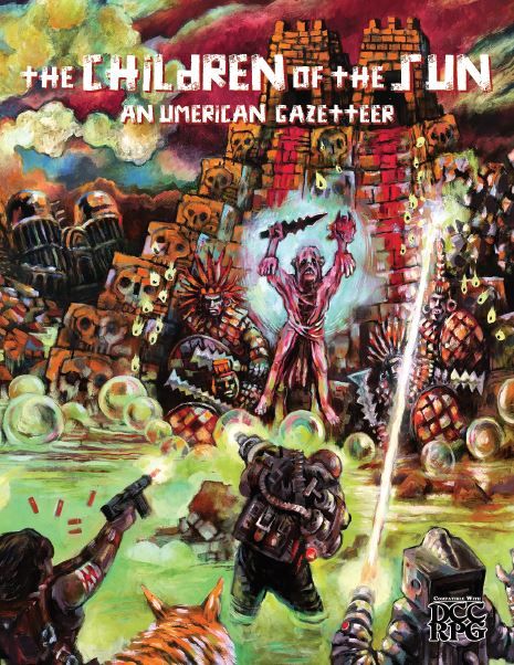 Cover of Children of the Sun which shows post-apocalyptic adventurers facing off against a robed cultist who is wielding something (a heart?) in one hand and a vicious-looking knife in the other. Behind him is a central American (?) pyramid adorned with carved stone skulls.