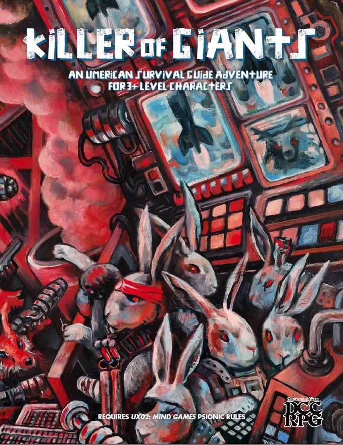 The cover of Killer of Giants. A bunch of bipedal, humanoid rabbit people with white fur and red eyes jostle for position in front of high tech computer panels with lots of monitors.