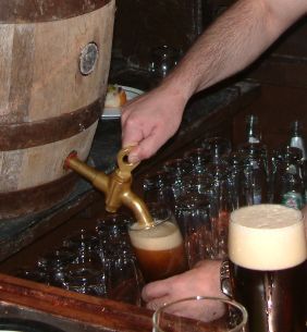 "Schlenkerla Rauchbier, a traditional smoked beer, being poured from a cask into a beer glass" from the Wikipedia entry on beer, because all the Blue Sky GIFs for beer are for Root Beer and ale for Ginger Ale and I have no words to describe how irritated this makes me.