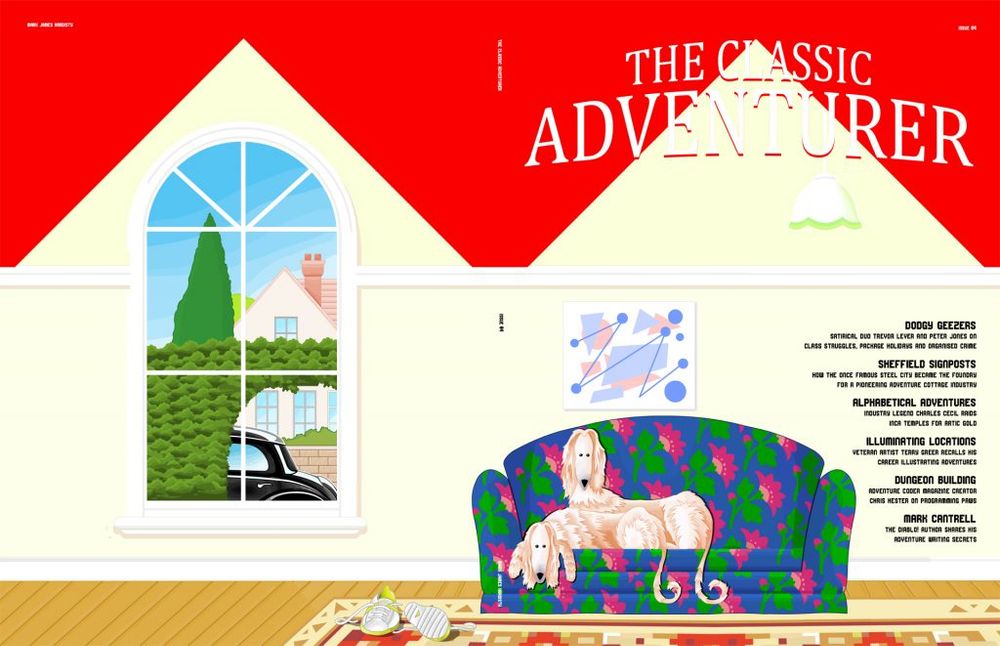 Classic Adventurer cover spread showing a “reworking” of the social-climbing text adventure, Hampstead—two Afghan hounds lounge on a living room sofa, in an elegant and minimally decorated living room with hardwood floors and a rug. Two white running shoes are discarded on the rug. An arched window reveals an elegantly manicured edge, and a black car that looks like a 1930s model.