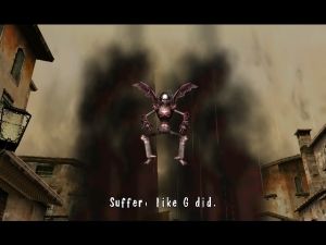 A screenshot from the video game House Of The Dead 2, where a little flying into taunts the player by saying; "Suffer, like G did"