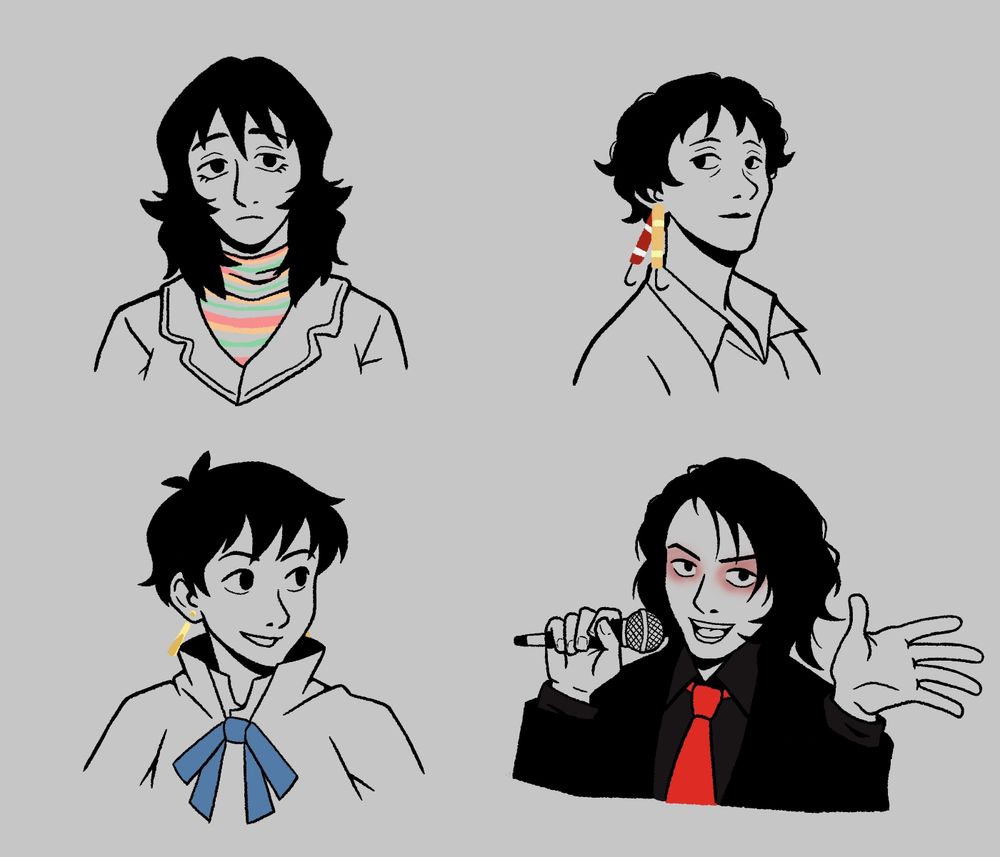 Imagem com quatro desenhos digitais ilustrando personagens/pessoas de cabelo preto. São elas: no canto superior esquerdo Anya de mouthwashing, no canto superior direito Lilienne Carter de Disco Elysium, no canto inferior esquerdo Meryl Stryfe de Trigun e no canto inferior direito Gerard Way da banda My Chemical Romance