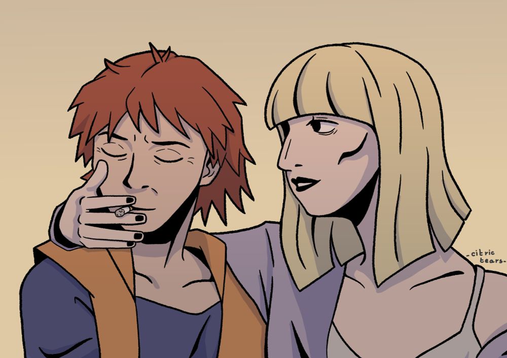 Fanart em cores das personagens Klaasje Amandou e Ruby The Instigator do jogo Disco Elysium. As personagens estão lado a lado enquanto Klaasje oferece para Ruby pelas costas.