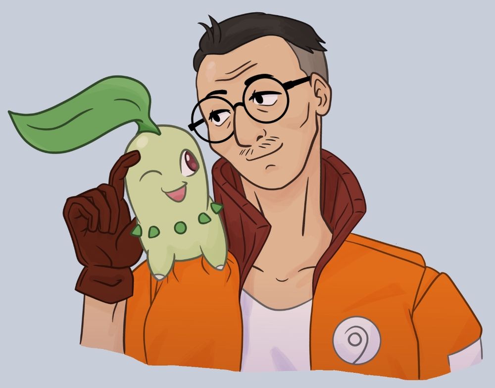 Kim Kitsuragi do jogo Disco Elysium com um pokemon Chikorita no ombro