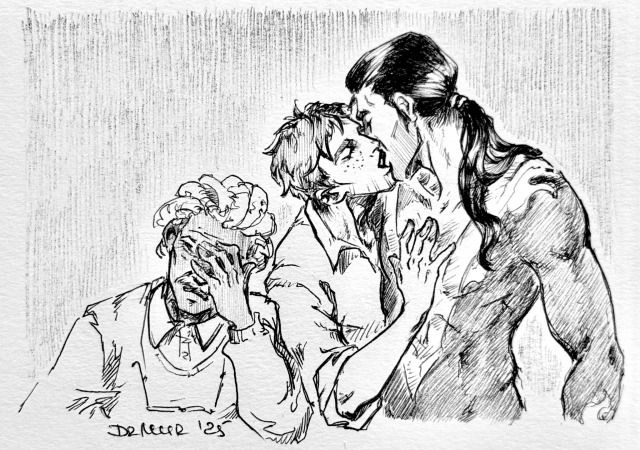 Robert and Flambae kiss while Chase is doing facepalm near them.