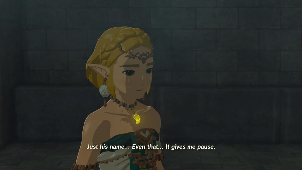 Zelda, looking concerned, says “Just his name... Even that... It gives me pause.”