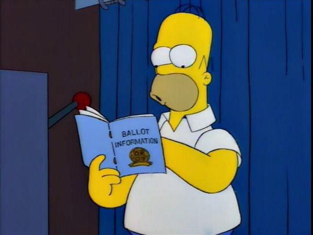 Homer weighing wether or not to vote for Sideshow Bob