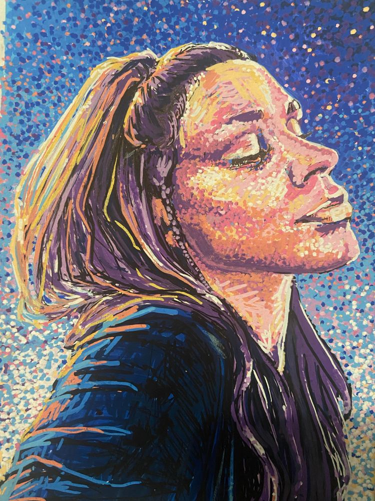 A pink, purple, light orange, yellow, and blue portrait of a young woman with long hair facing the camera at 3/4 angle, head slightly tilted upwards, eyes almost closed, looking down. It is primarily in the style of pointillism (some crosshatching; I don’t know how to describe the hair properly), against a primarily blue/white gradient background with the above-mentioned colours peppered throughout the gradient. 