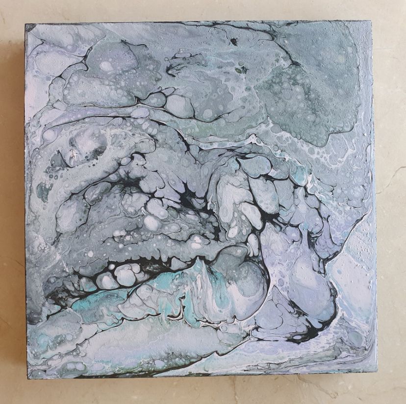 An abstract pour painting that is primarily grey, black, and white with light/pastel pink, blue, and purple areas. I do not know how to accurately describe this. I will repost it with a better alt text soon! 
