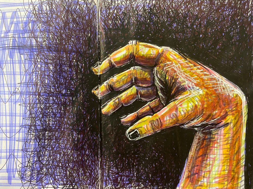 A yellow and orange hand/wrist against a black/purple scribbled background, posed as if casting a spell