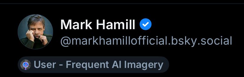 Mark Hamil’s Bluesky with the label “Frequent Ai Imagery”