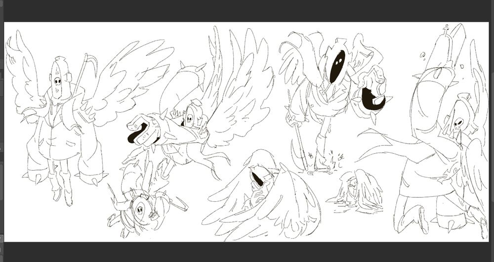6 varyingly dynamic sketches of a hooded figure with scythe and wings. Donning a spikey, rocker-y style, the death-themed character contrasts in shapes between slim and wide. Something something for whom death tolls, but Tom's the bell. Maybe