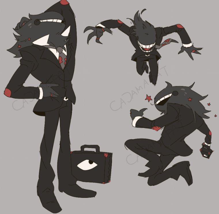 [Original Character]
A slicked-back, dark gray man whose main features are a big white smile and dark cheeks. He's dressed in business attire, and will eat your dry wall when you're distracted
