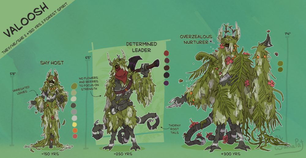 pictured are various stages of my character, Valoosh

the first stage, titled the shy host, describes a meager black and white striped plant humanoid. One orange eye peeks through wilted foliage, large flowers and orange berries. the pose suggests a weak invitation to join them for supper (it will be honey)

second stage, titled determined leader. Valoosh has grown the last 100 years and is now donning thorns, vines and an axe, as well as a scarf to hide her face. He stands far more confidently, but not threateningly.

the third stage, titled the overzealous nurturer. Perhaps their strength has gotten to their head, as they have now embraced their nature. Literally! Overgrown by foliage, flowers, moss and berries, they invite with a grand gesture, perhaps to their garden. Insects flutter around them as they are one with nature.
